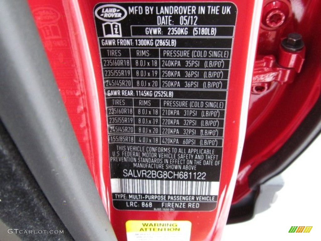2012 Range Rover Evoque Color Code 868 for Firenze Red Metallic Photo #67829254
