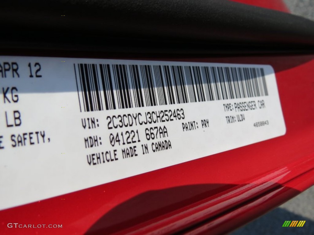 2012 Challenger Color Code PRY for Redline 3 Coat Pearl Photo #67834718