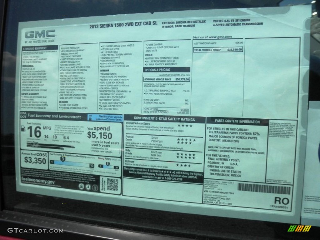 2013 GMC Sierra 1500 SL Extended Cab Window Sticker Photo #67882063