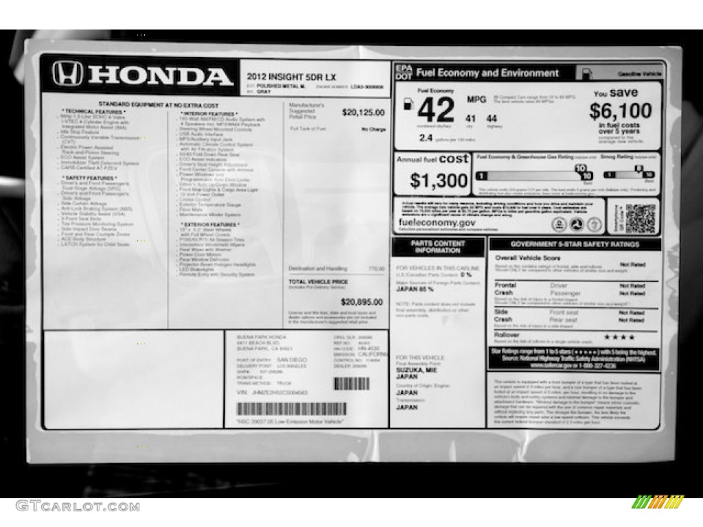 2012 Honda Insight LX Hybrid Window Sticker Photo #67889617