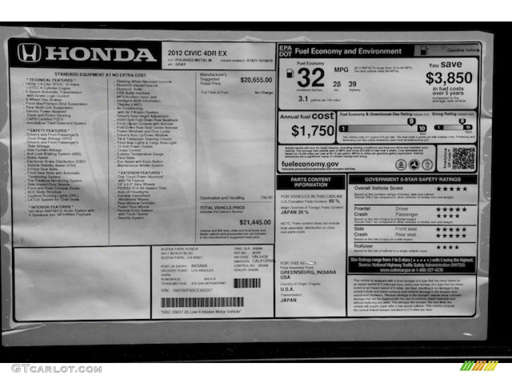 2012 Civic EX Sedan - Polished Metal Metallic / Gray photo #18