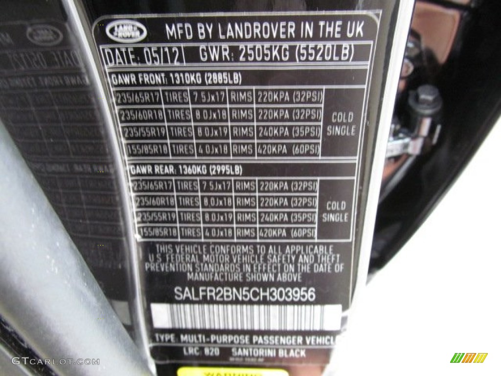 2012 LR2 Color Code 820 for Santorini Black Metallic Photo #67894851