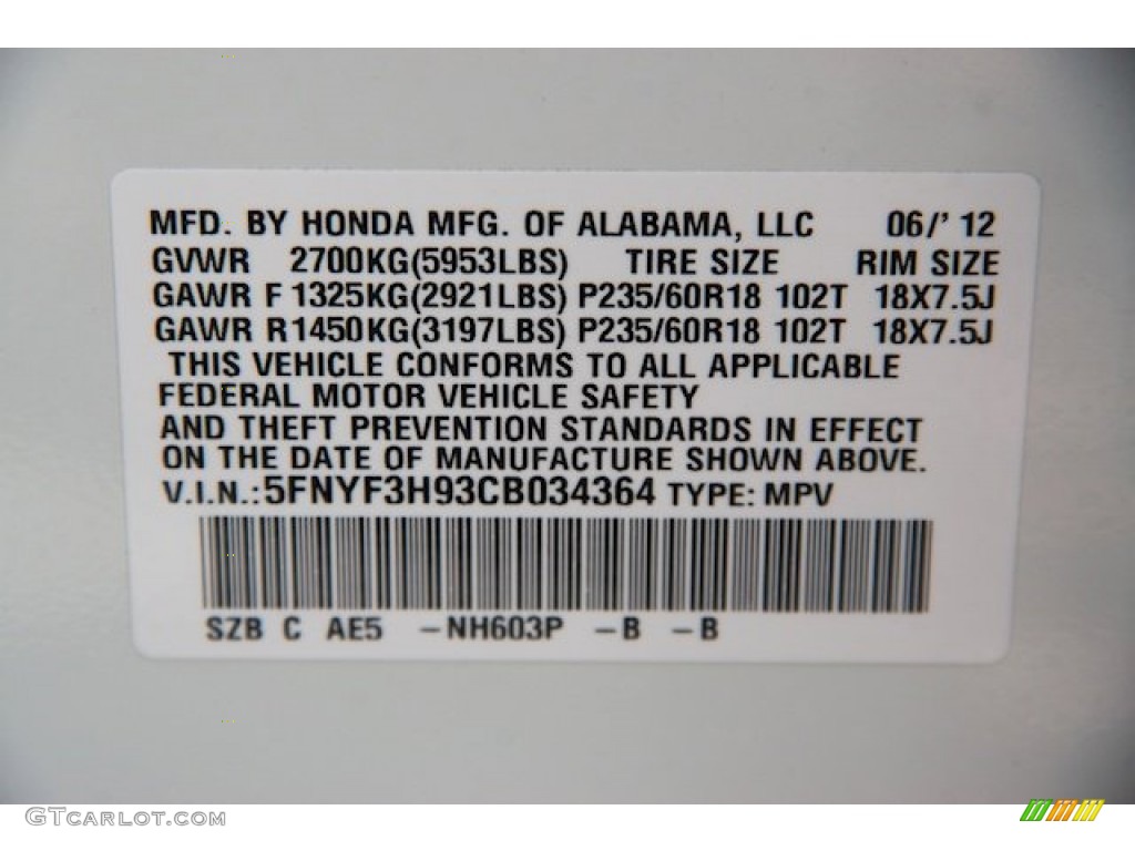 2012 Honda Pilot Touring Color Code Photos
