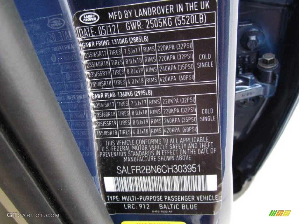 2012 LR2 Color Code 912 for Baltic Blue Metallic Photo #67895175