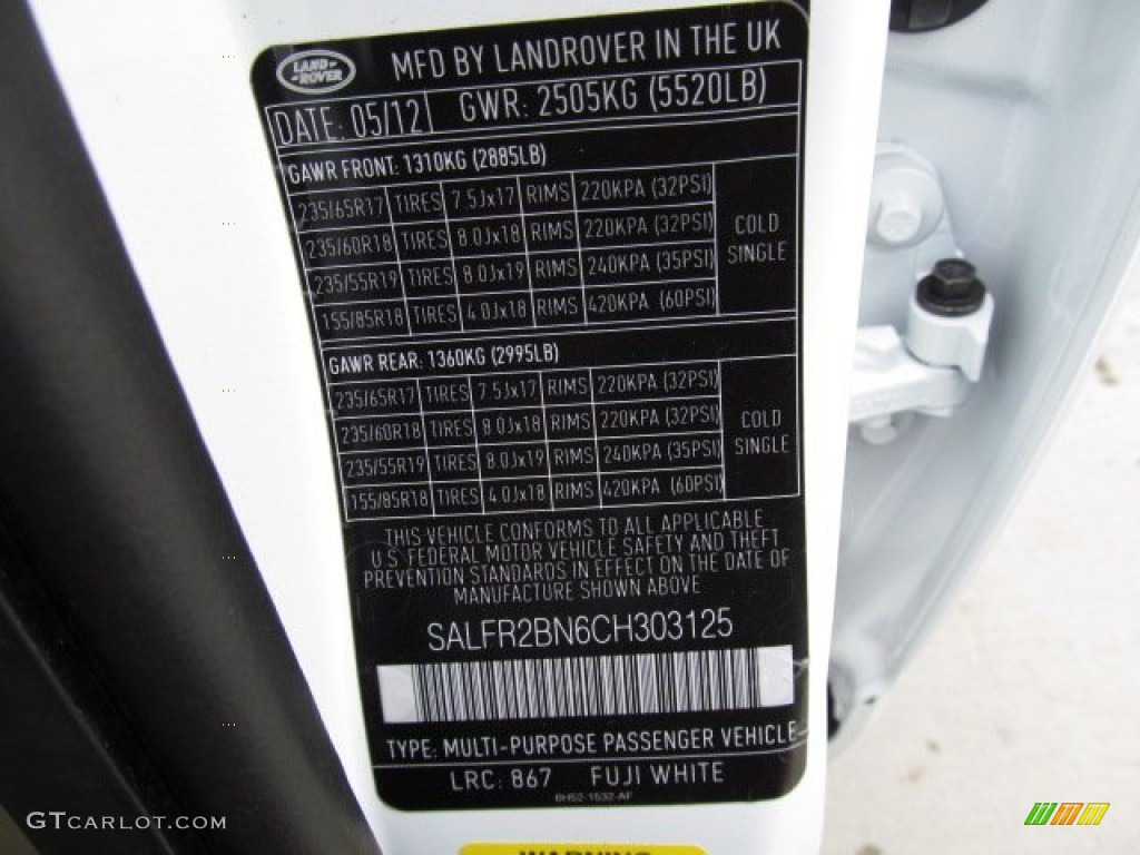 2012 LR2 Color Code 867 for Fuji White Photo #67895292