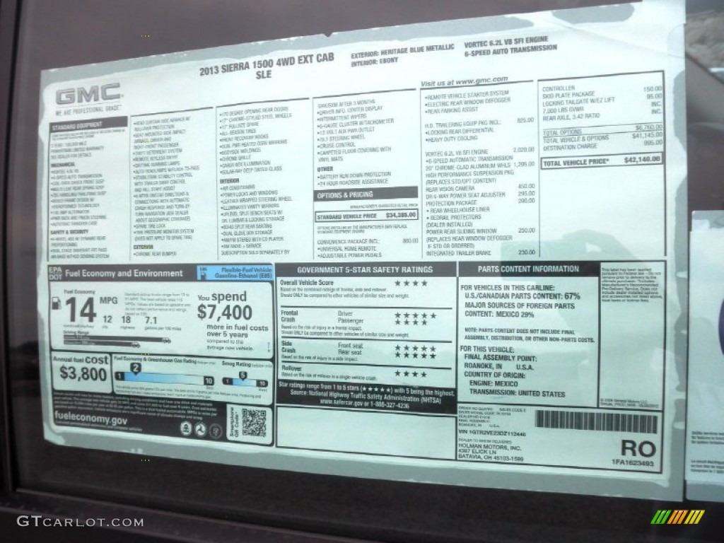2013 GMC Sierra 1500 SLE Extended Cab 4x4 Window Sticker Photo #67922723