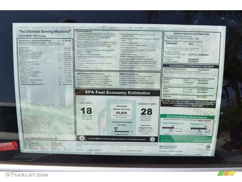 2012 1 Series 128i Coupe - Alpine White / Black photo #3