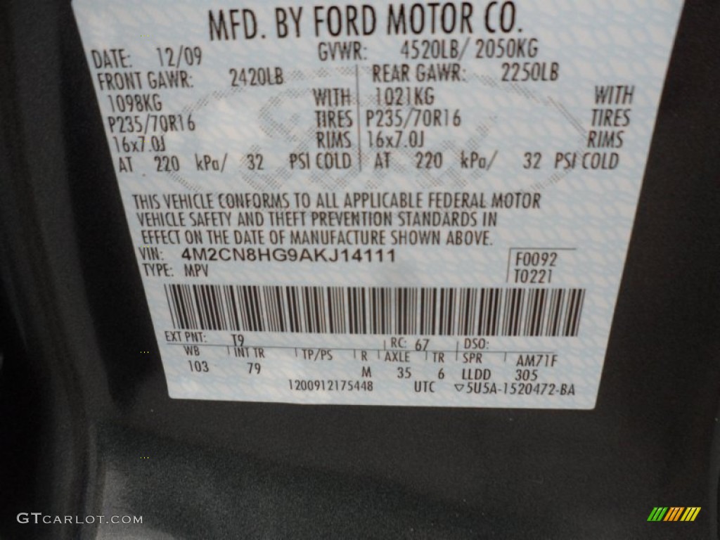 2010 Mariner Color Code T9 for Black Pearl Slate Metallic Photo #67944956