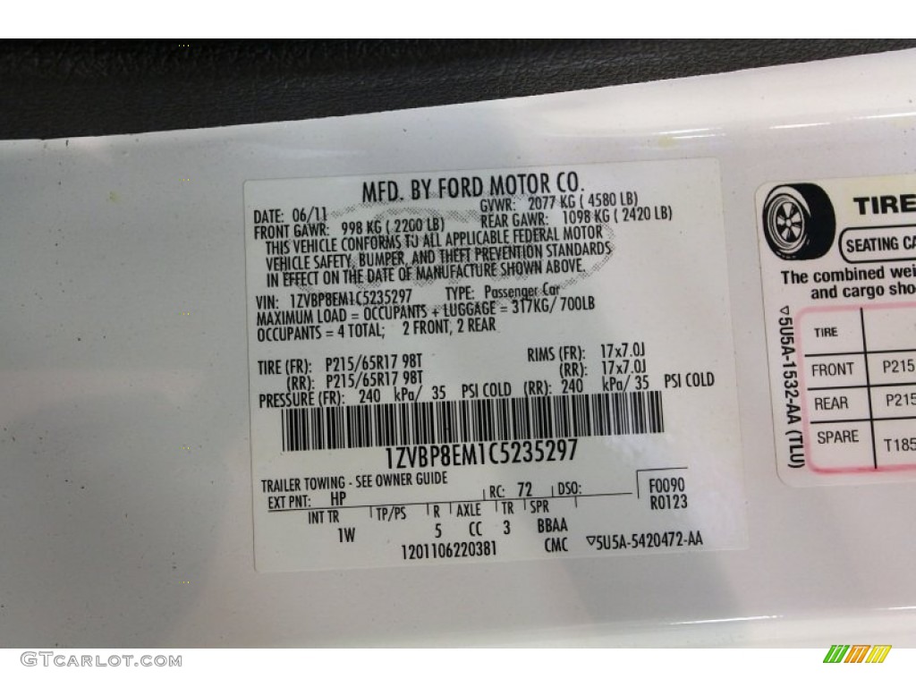 2012 Mustang Color Code HP for Performance White Photo #67960349