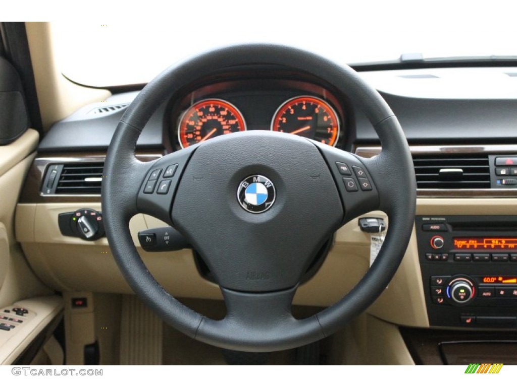 2009 BMW 3 Series 335i Sedan Oyster Dakota Leather Steering Wheel Photo #67968078