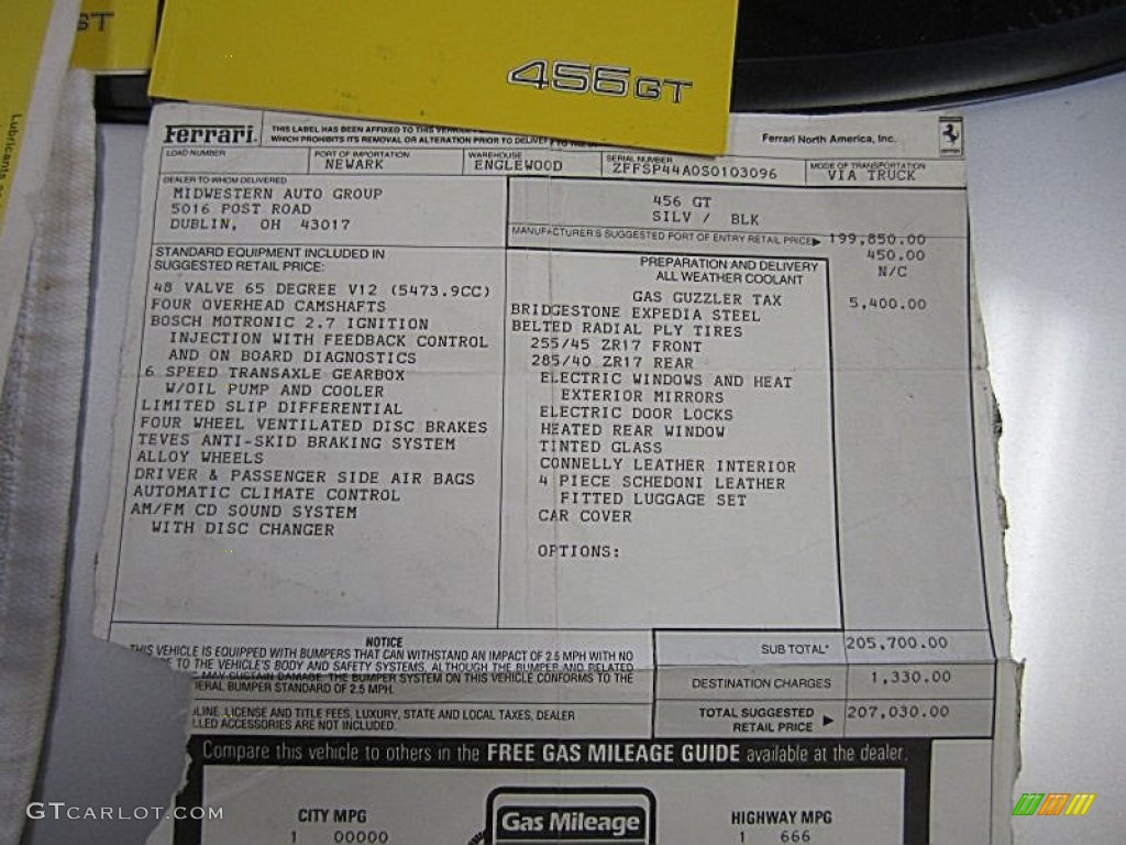 1995 Ferrari 456 GT Window Sticker Photo #68022800