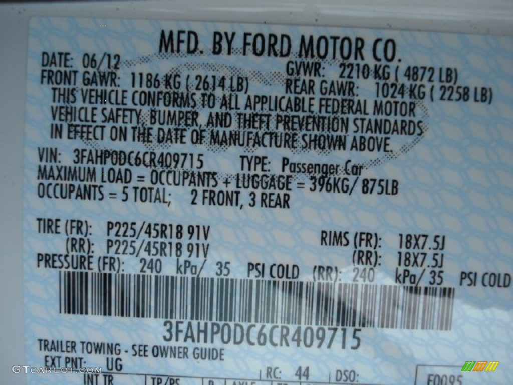 2012 Ford Fusion Sport AWD Color Code Photos