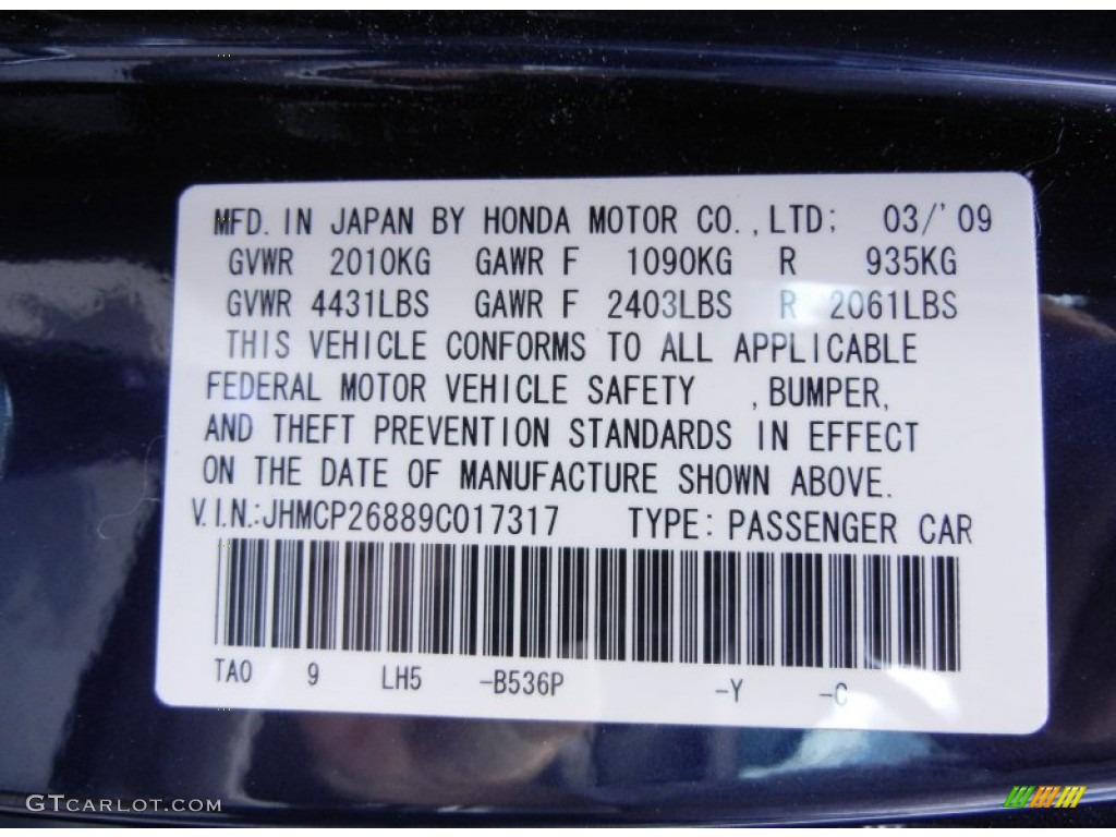 2009 Accord Color Code B536P for Royal Blue Pearl Photo #68074607