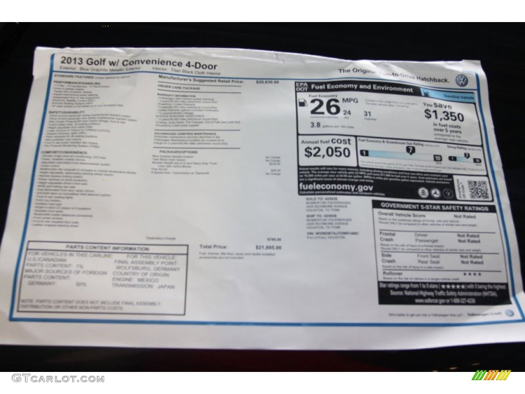 2013 Volkswagen Golf 4 Door Window Sticker Photo #68102762