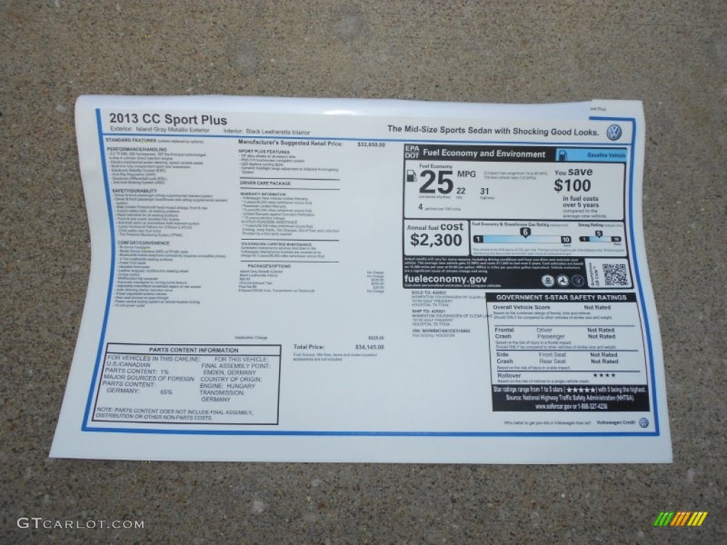 2013 Volkswagen CC Sport Plus Window Sticker Photo #68120969