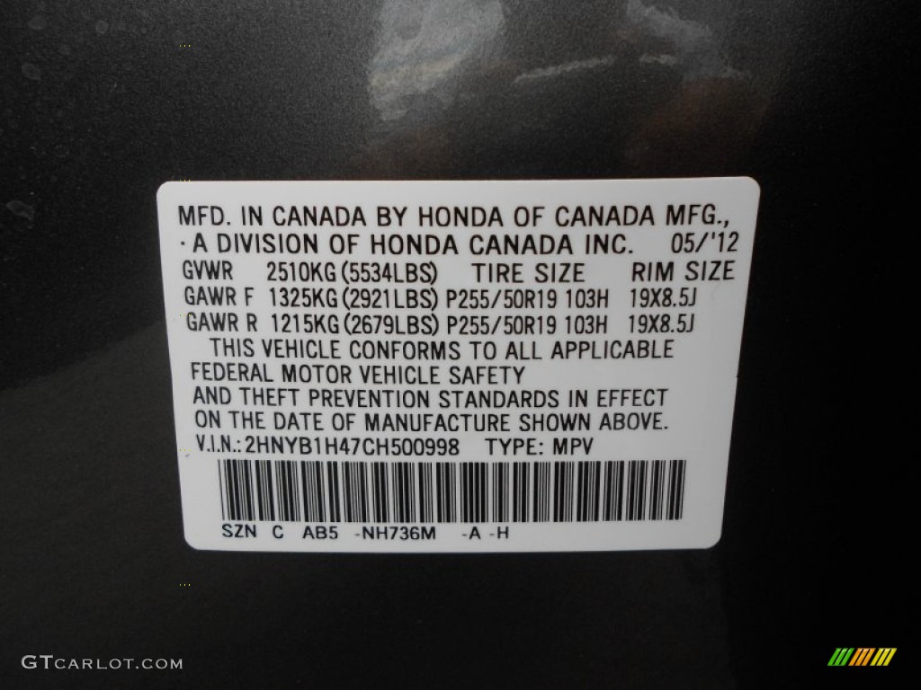 2012 ZDX Color Code NH736M for Grigio Metallic Photo #68124902