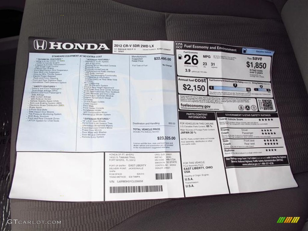 2012 Honda CR-V LX Window Sticker Photo #68126985