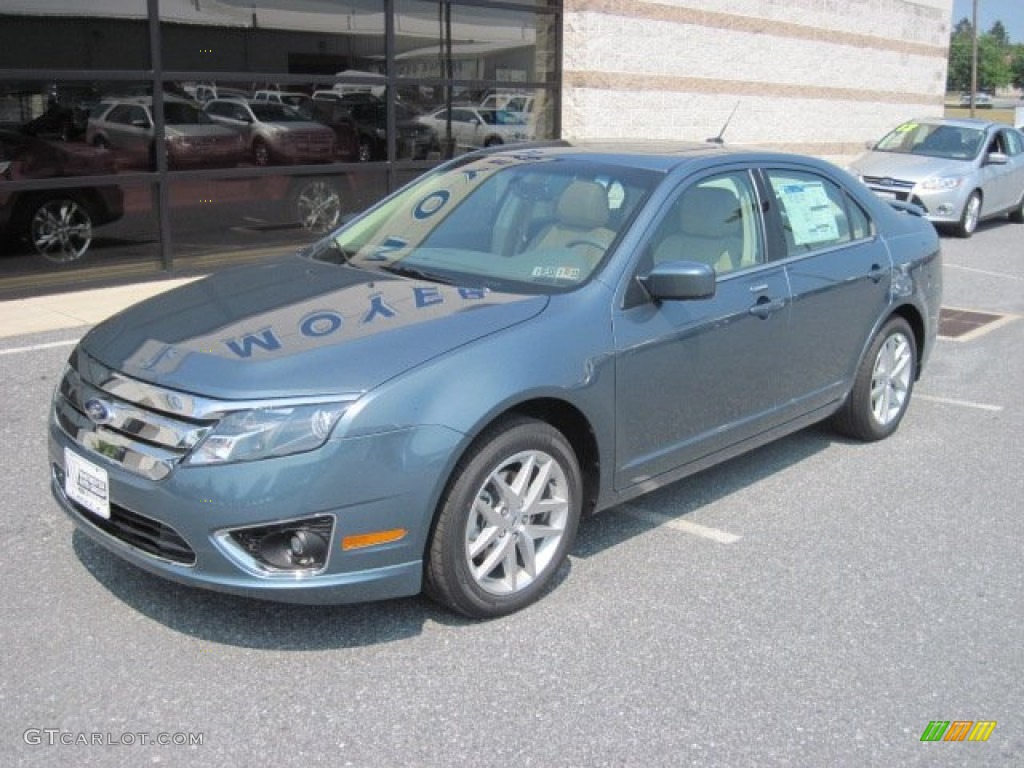 2012 Fusion SEL V6 AWD - Steel Blue Metallic / Camel photo #2