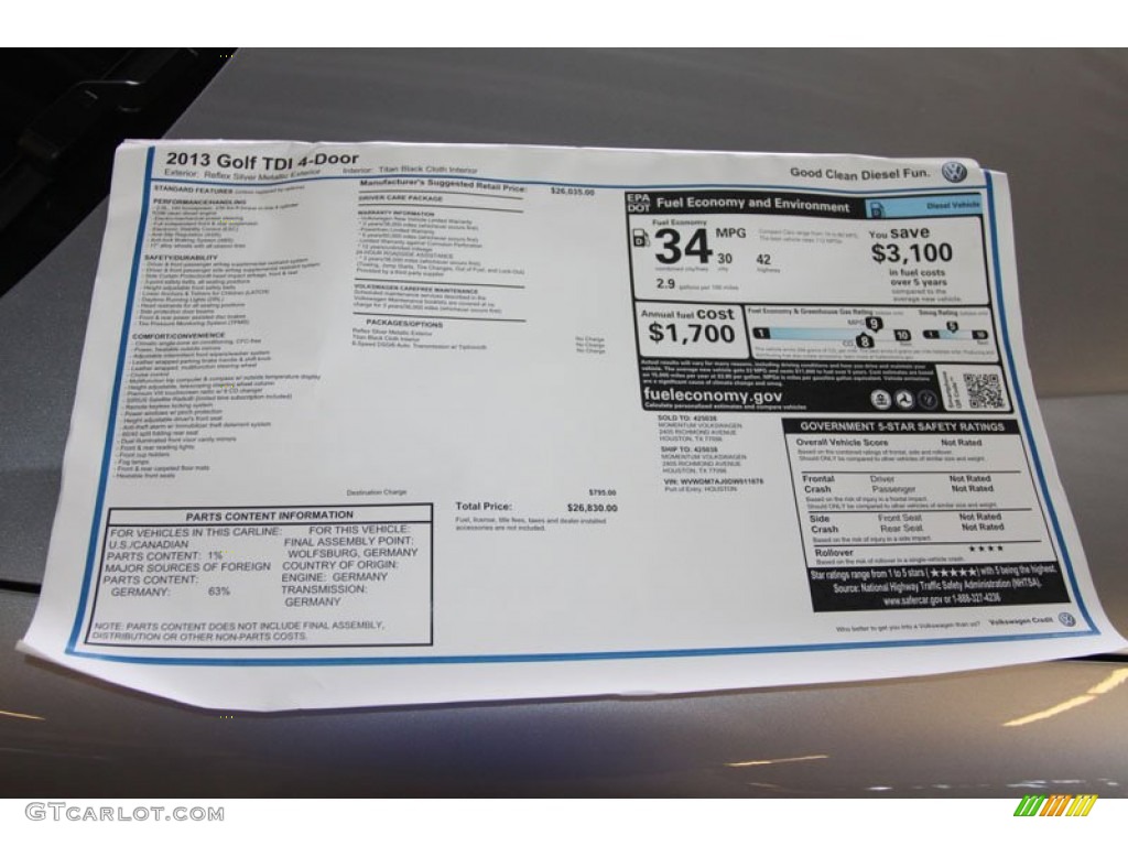 2013 Volkswagen Golf 4 Door TDI Window Sticker Photo #68183316