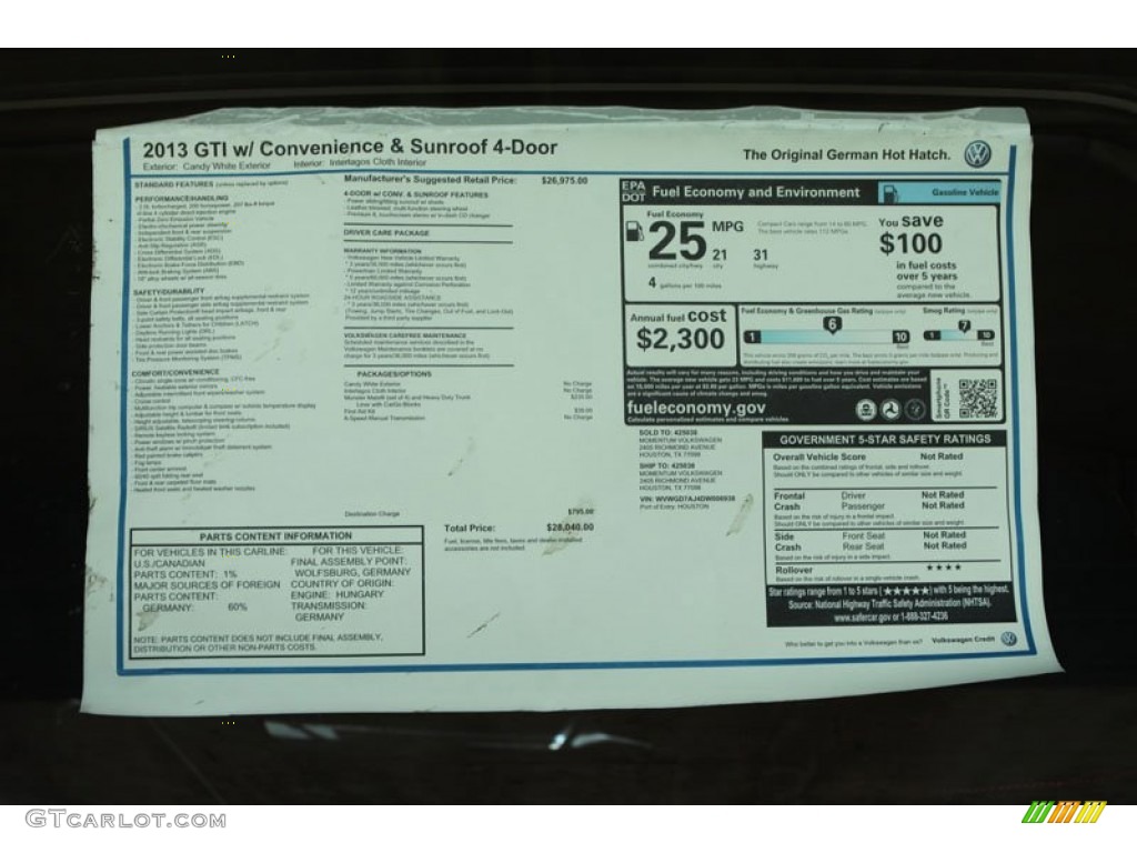 2013 Volkswagen GTI 4 Door Window Sticker Photo #68183568