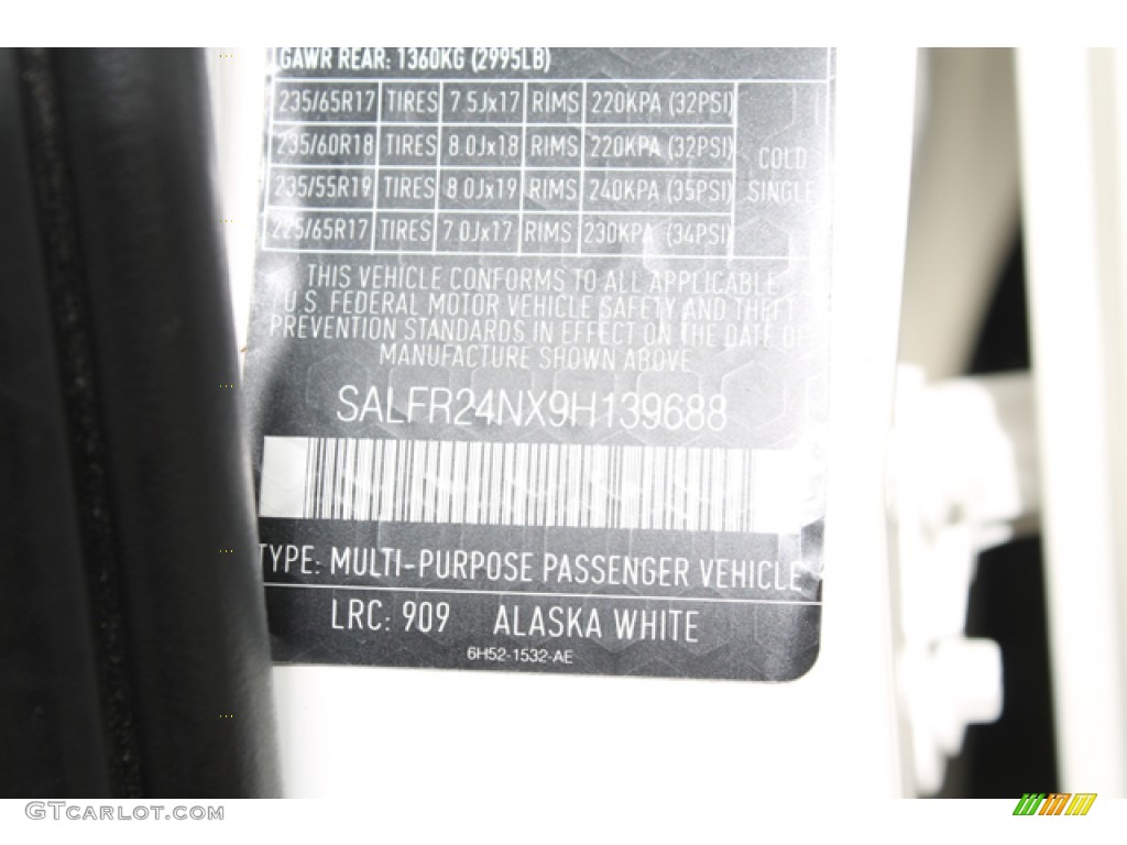 2009 LR2 Color Code 909 for Alaska White Photo #68201823