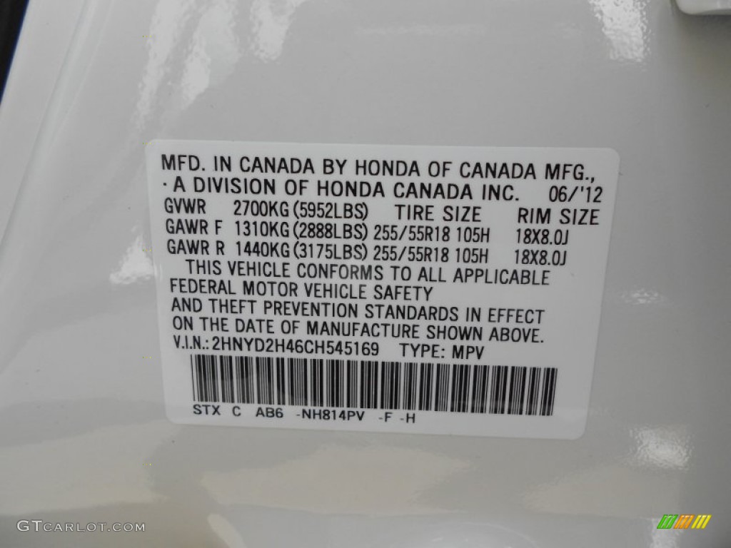 2012 MDX Color Code NH814PV for Aspen White Pearl II Photo #68201976