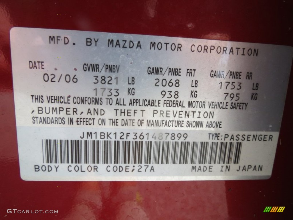 2006 MAZDA3 Color Code 27A for Velocity Red Mica Photo #68215536