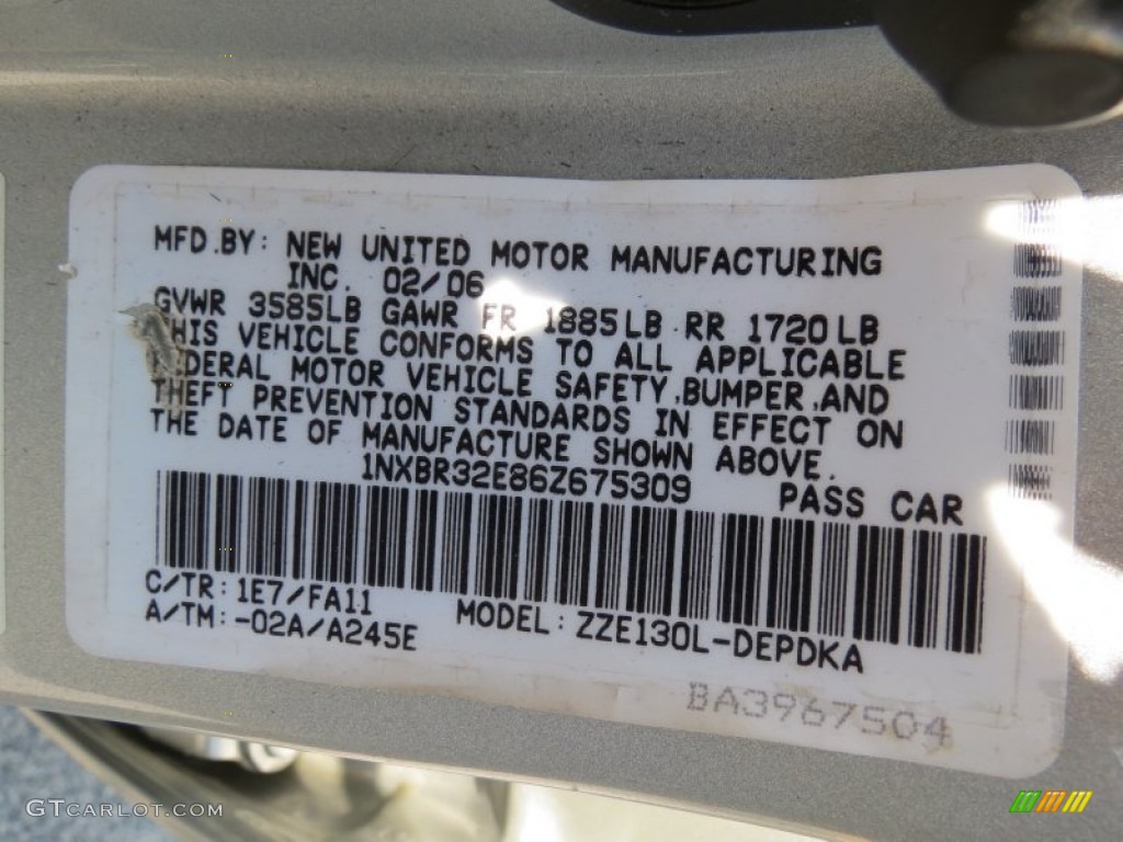 2006 Corolla Color Code 1E7 for Silver Streak Mica Photo #68216253