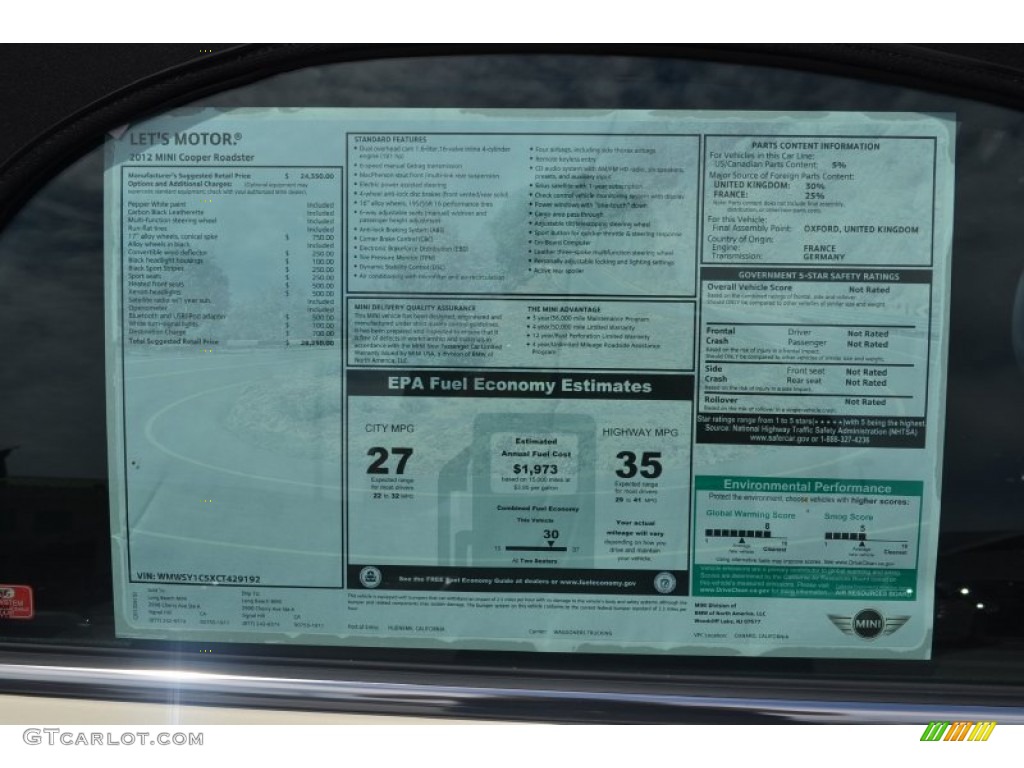 2012 Mini Cooper Roadster Window Sticker Photo #68217792