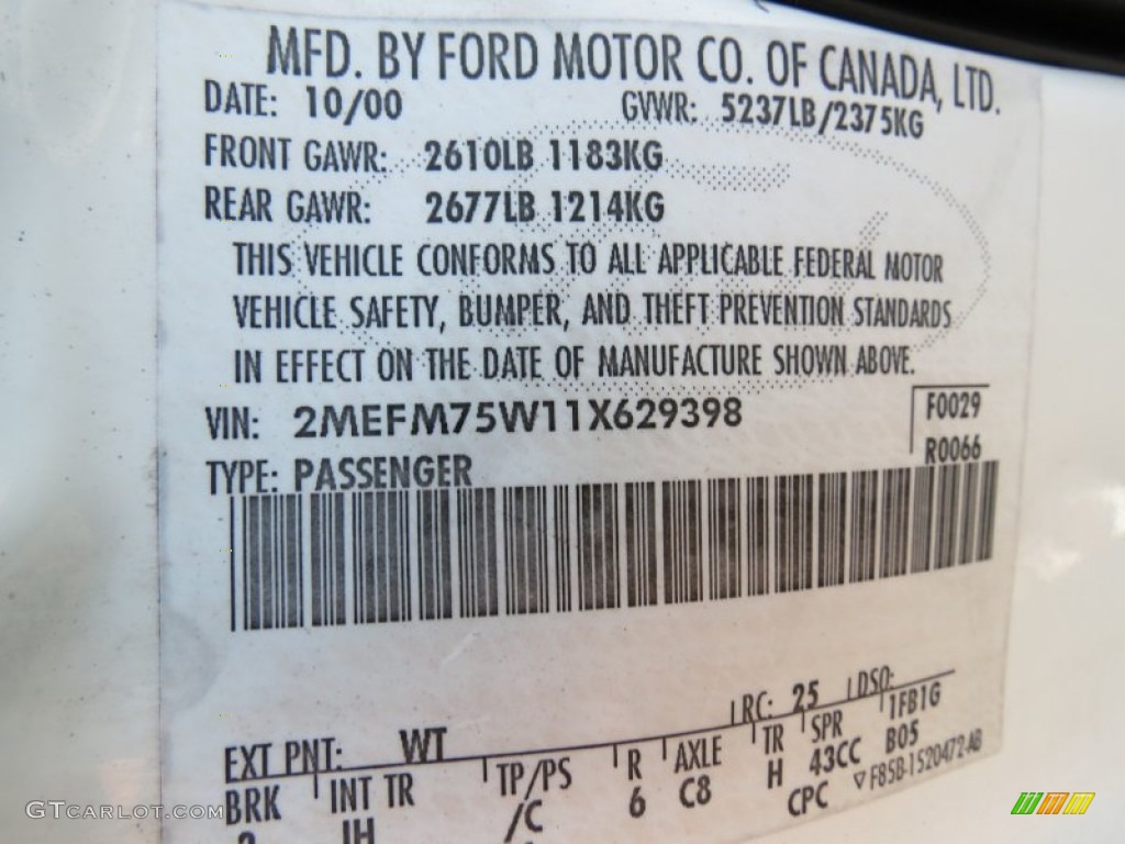 2001 Grand Marquis Color Code WT for Vibrant White Clearcoat Photo #68218374