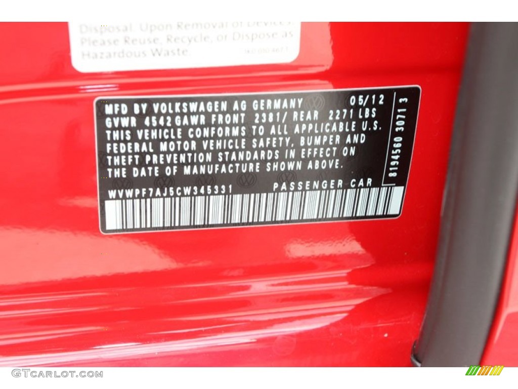 2012 Volkswagen Golf R 4 Door 4Motion Info Tag Photo #68236255