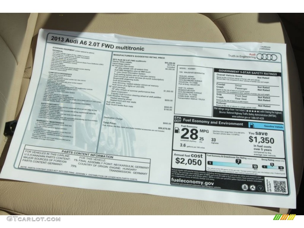 2013 Audi A6 2.0T Sedan Window Sticker Photo #68242204