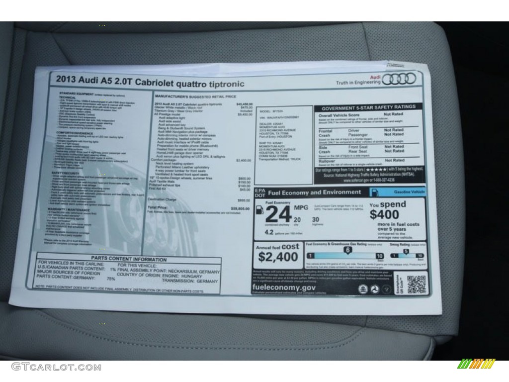 2013 Audi A5 2.0T quattro Cabriolet Window Sticker Photo #68242738
