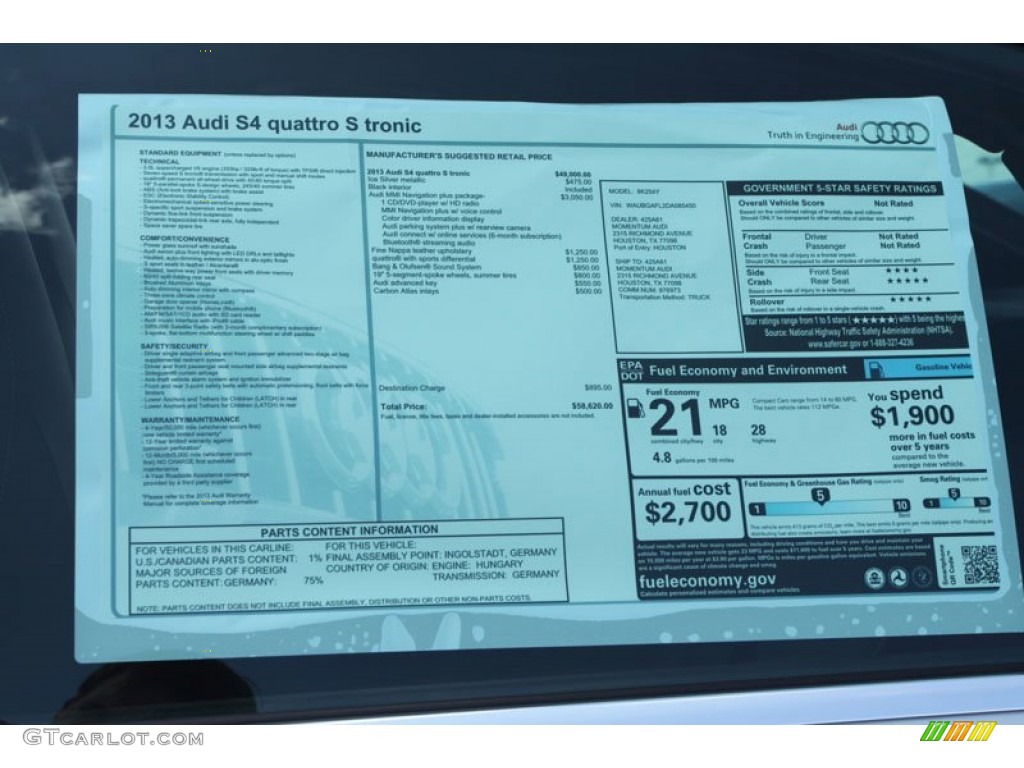 2013 Audi S4 3.0T quattro Sedan Window Sticker Photo #68243260