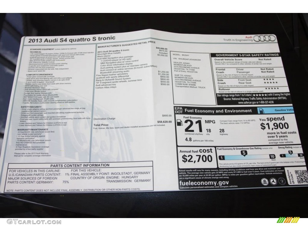 2013 Audi S4 3.0T quattro Sedan Window Sticker Photo #68243554