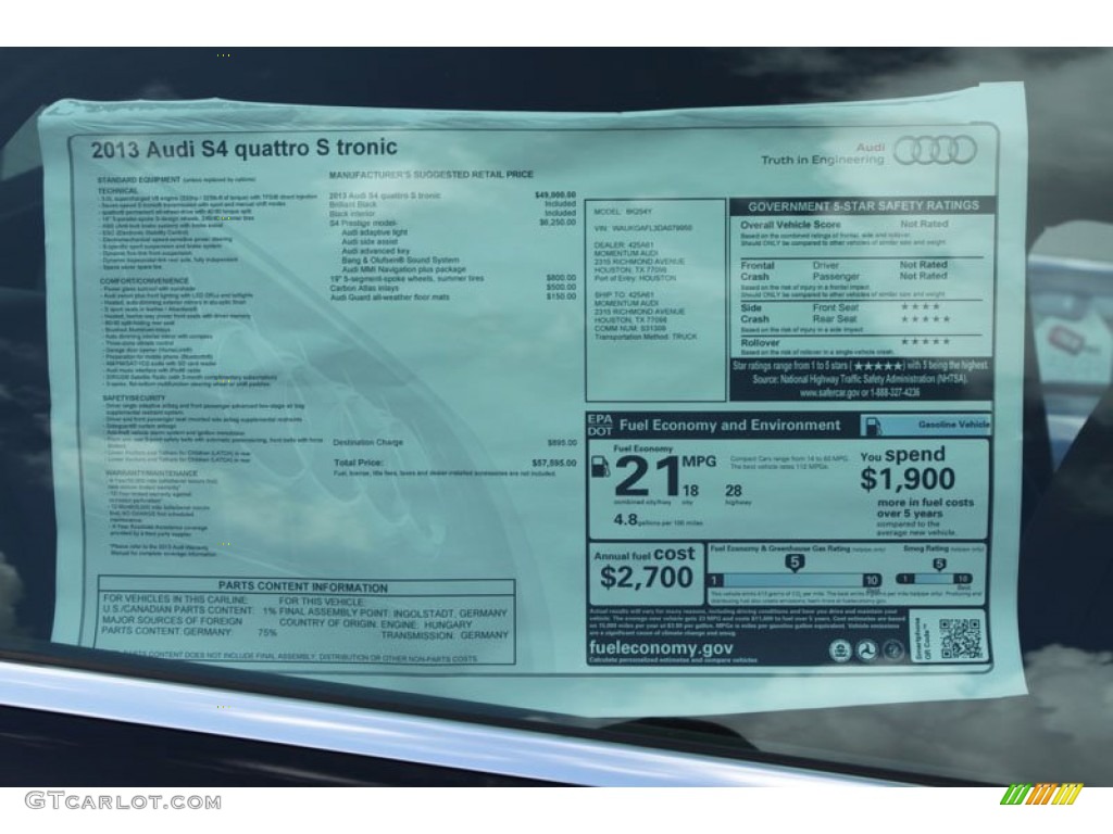 2013 Audi S4 3.0T quattro Sedan Window Sticker Photo #68244088