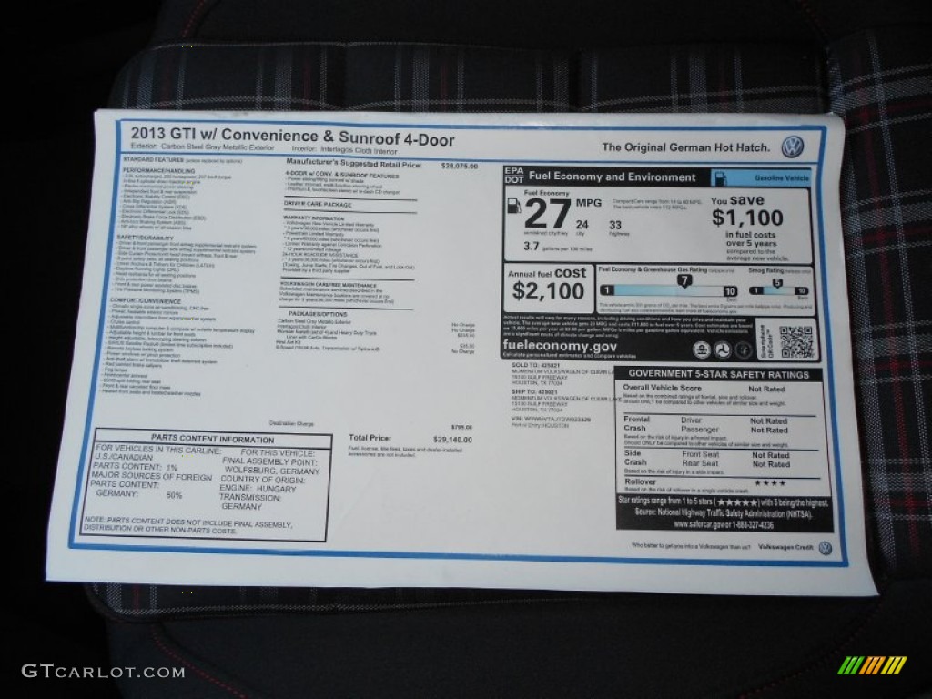 2013 Volkswagen GTI 4 Door Window Sticker Photo #68254978