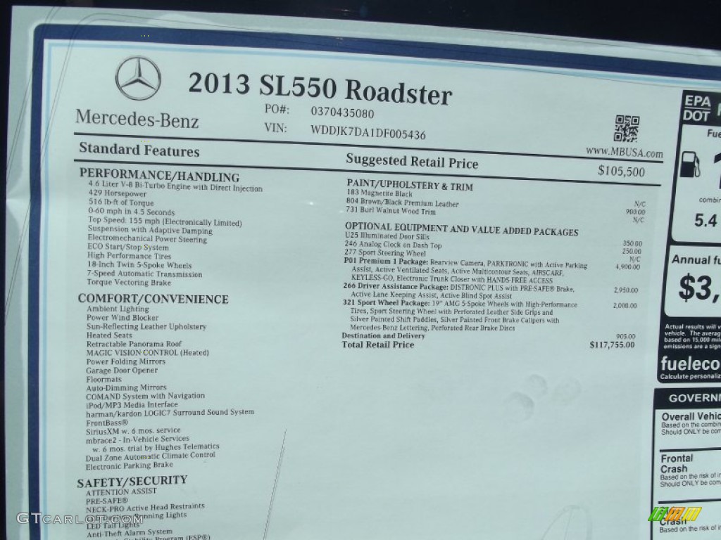 2013 Mercedes-Benz SL 550 Roadster Window Sticker Photo #68255143