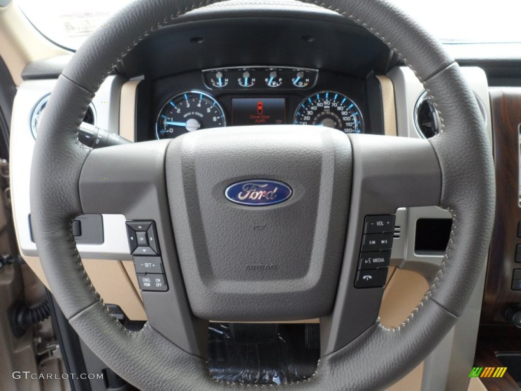 2012 Ford F150 Lariat SuperCrew 4x4 Pale Adobe Steering Wheel Photo #68263351