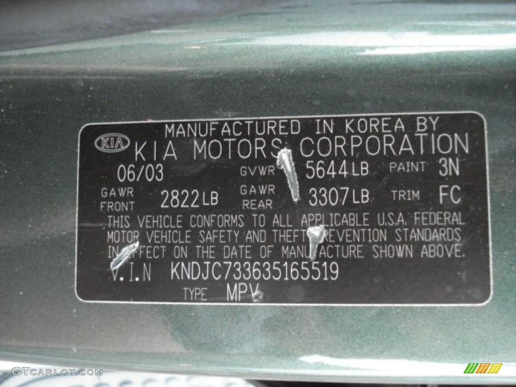 2003 Sorento Color Code 3N for Ivy Green Metallic Photo #68283908