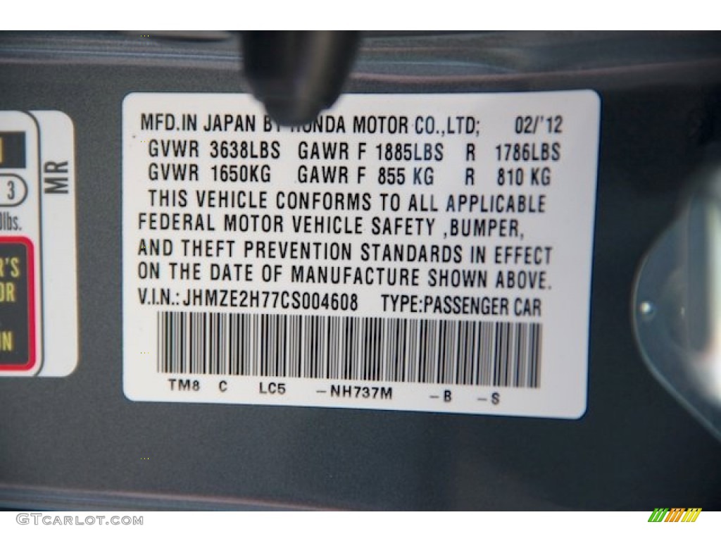 2012 Honda Insight EX Hybrid Color Code Photos