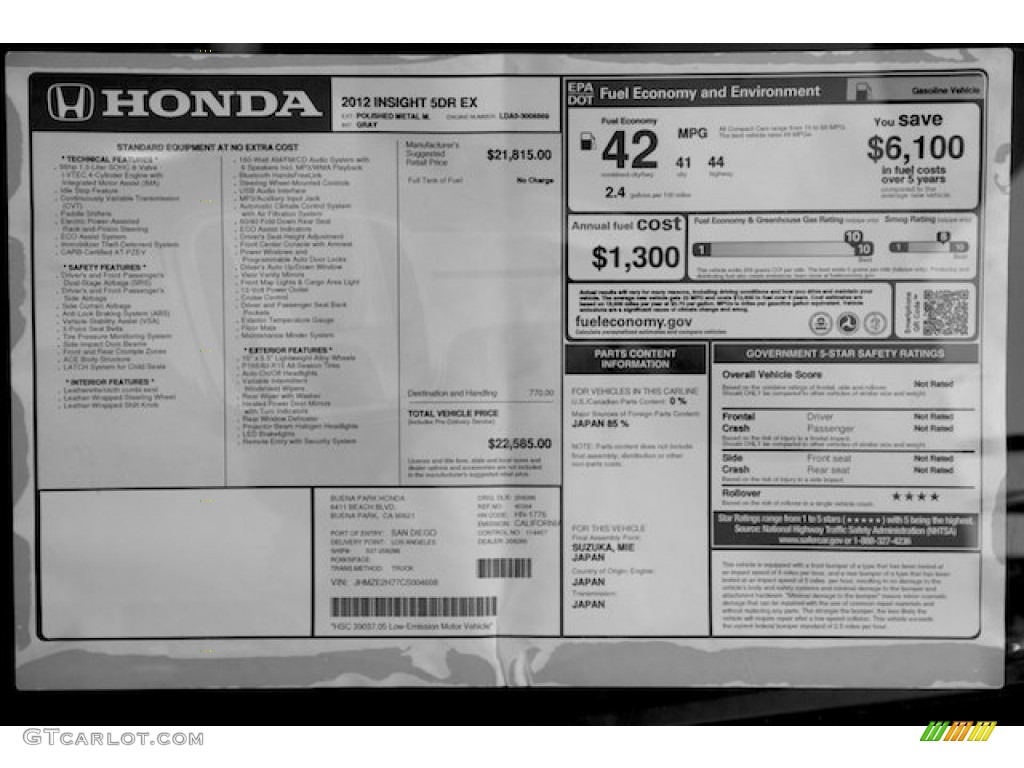 2012 Honda Insight EX Hybrid Window Sticker Photo #68286035