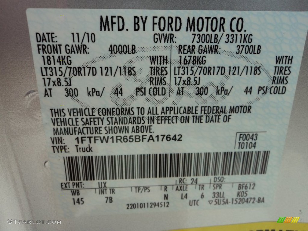 2011 F150 Color Code UX for Ingot Silver Metallic Photo #68293547