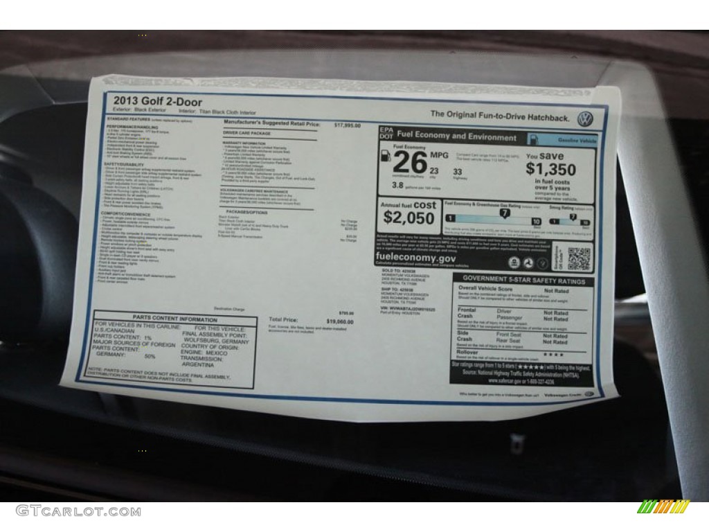 2013 Volkswagen Golf 2 Door Window Sticker Photo #68298662