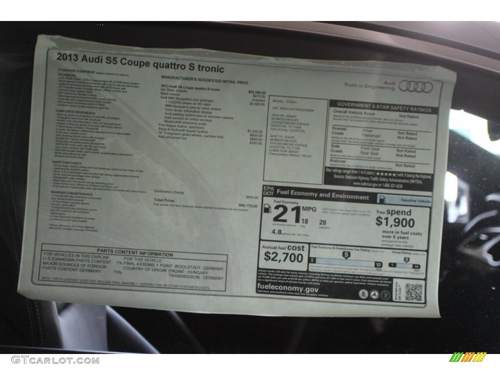 2013 Audi S5 3.0 TFSI quattro Coupe Window Sticker Photo #68302007