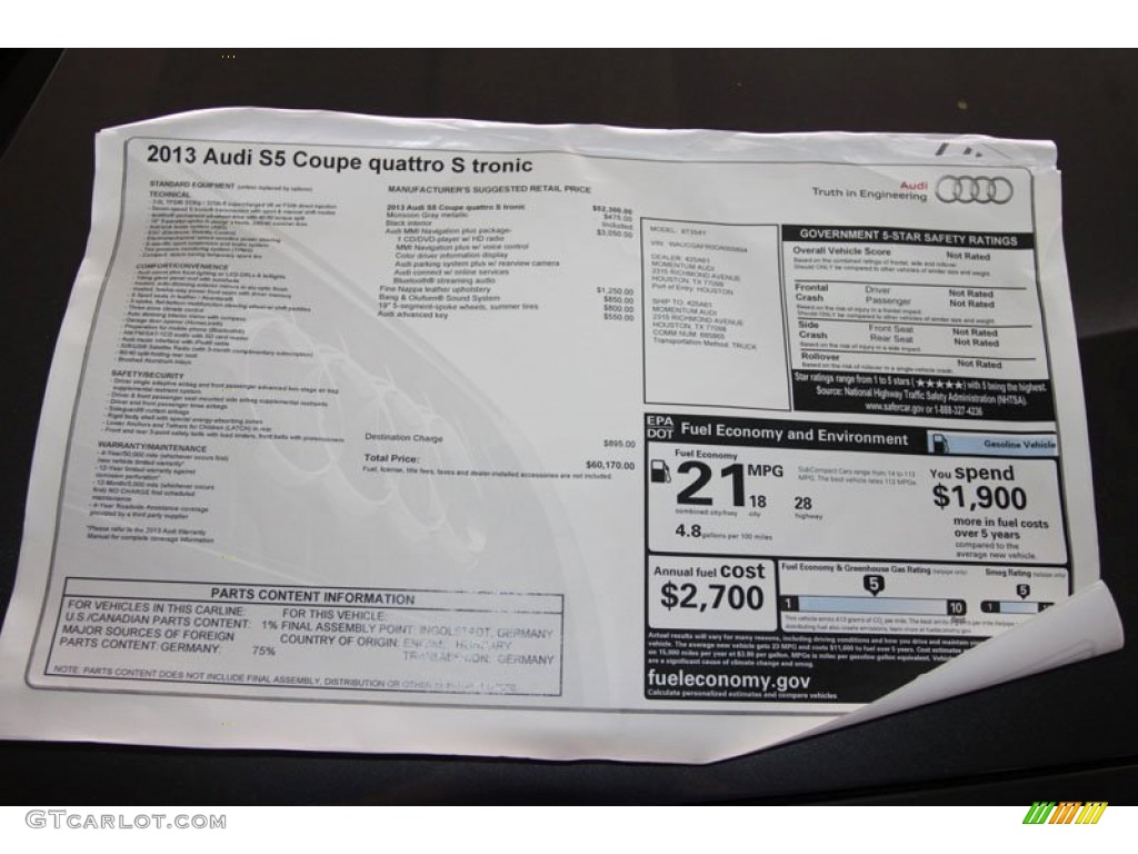 2013 Audi S5 3.0 TFSI quattro Coupe Window Sticker Photo #68302247