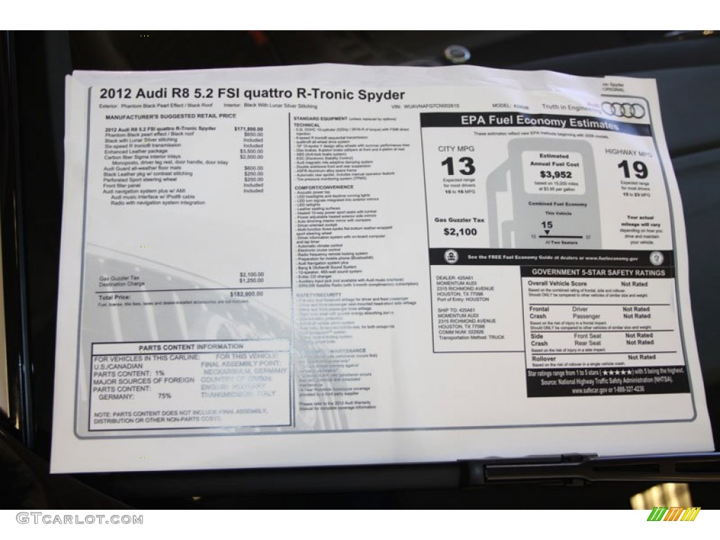 2012 Audi R8 Spyder 5.2 FSI quattro Window Sticker Photo #68302526