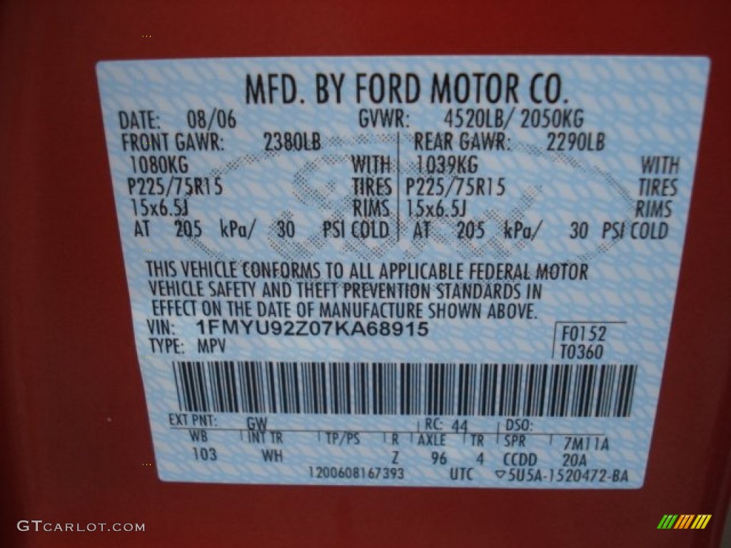 2007 Ford Escape XLS 4WD Color Code Photos