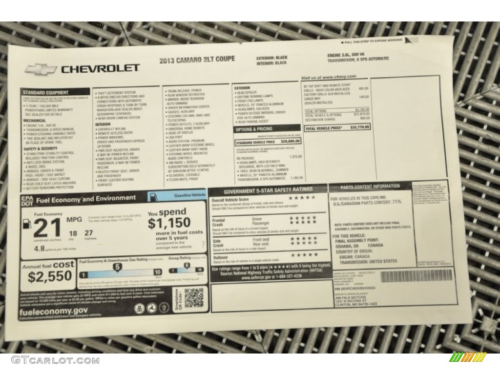 2013 Chevrolet Camaro LT Coupe Window Sticker Photo #68315780