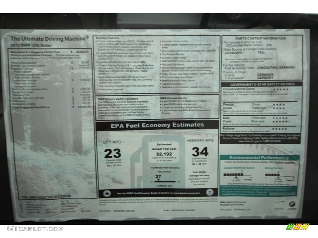 2012 BMW 5 Series 528i Sedan Window Sticker Photo #68323325